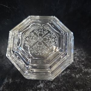Elegant Mid Century Lead Crystal Octaganol Etched Trinket Box